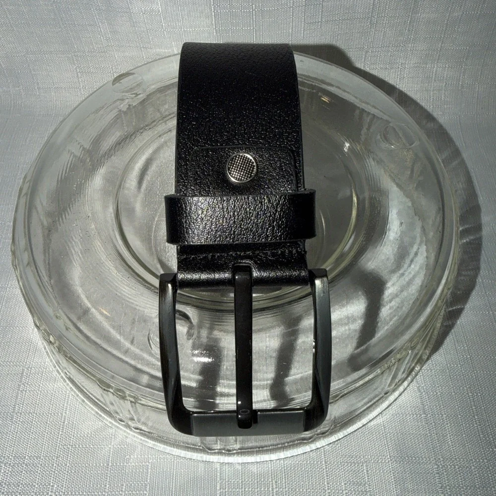 Men's Black Leather Belt  47 Inch Silver Buckle *SEE Photos For Imprint On Back*